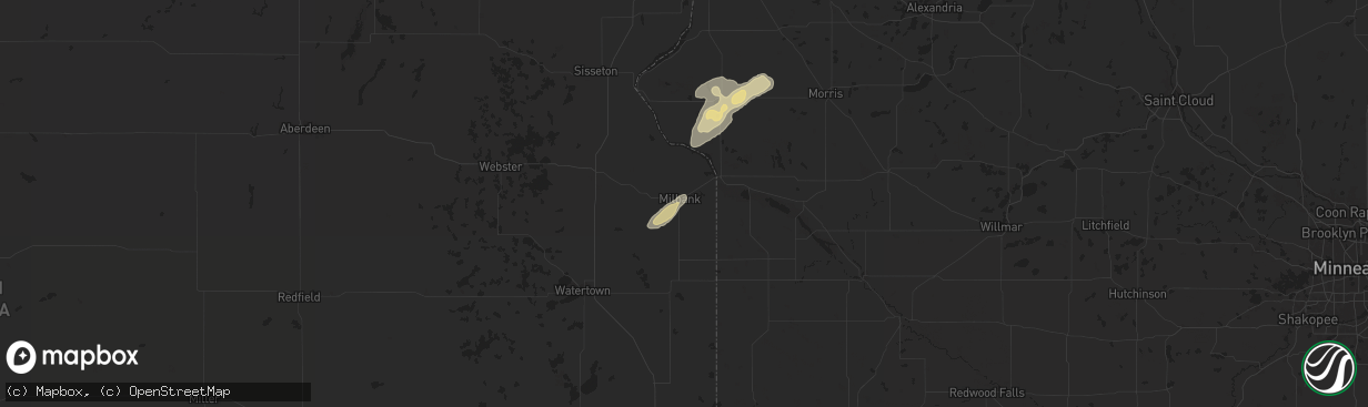 Hail map in Milbank, SD on June 2, 2025