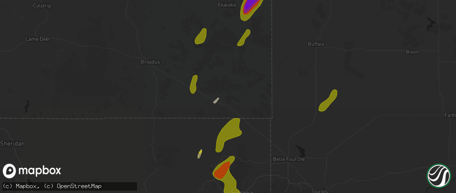 Hail map in Alzada, MT on June 2, 2026