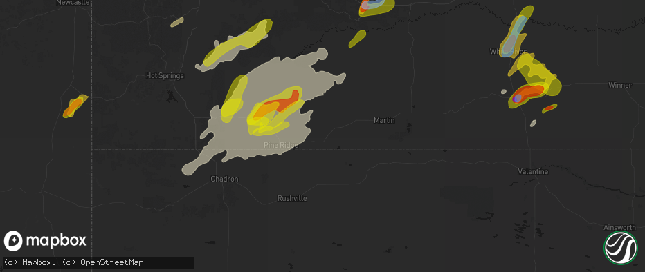 Hail map in Batesland, SD on June 2, 2026
