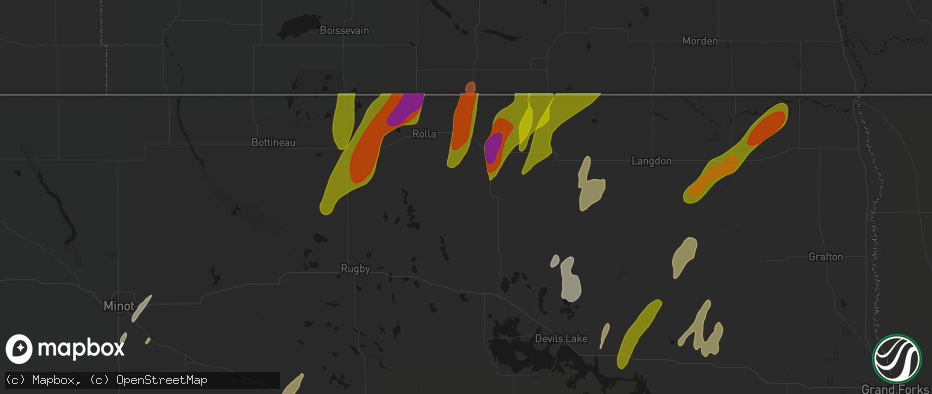 Hail map in Bisbee, ND on June 2, 2026