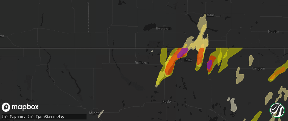 Hail map in Bottineau, ND on June 2, 2026
