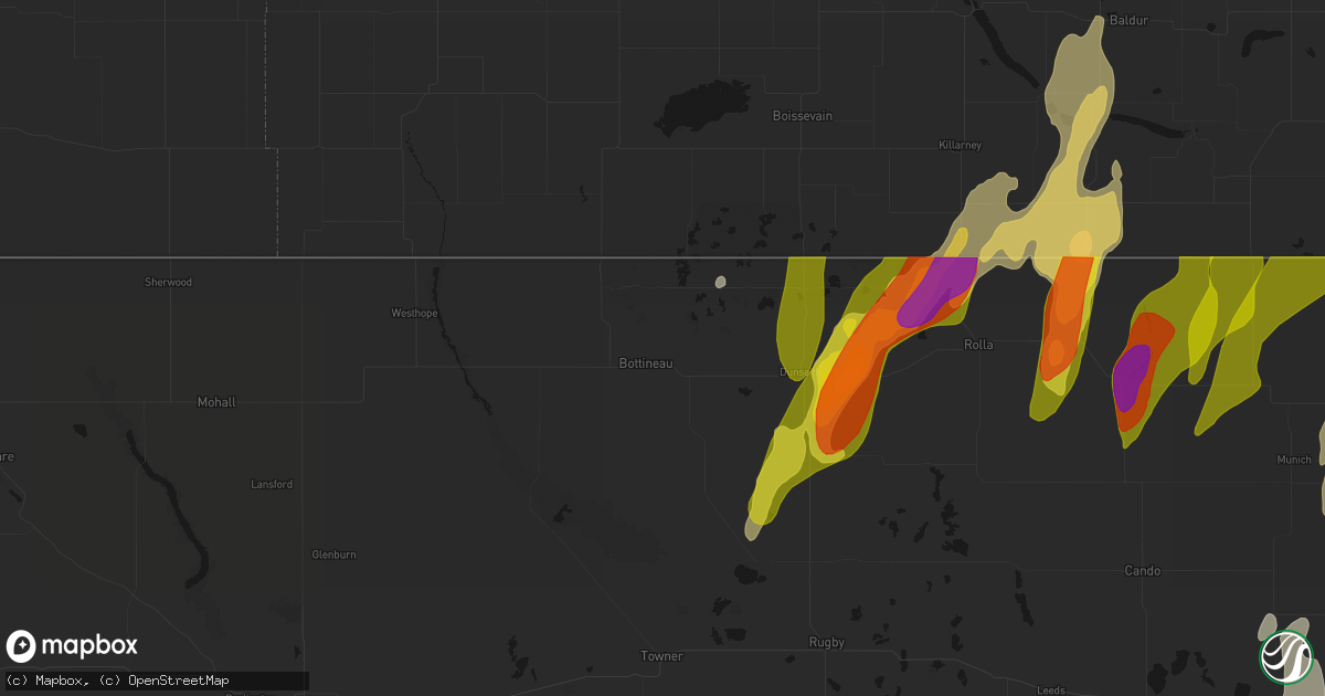 Hail map in Bottineau, ND on June 2, 2026