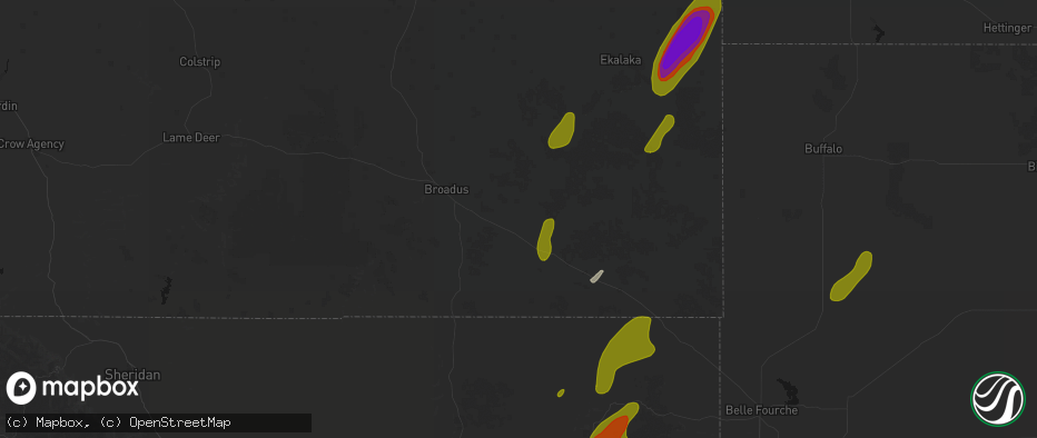 Hail map in Boyes, MT on June 2, 2026