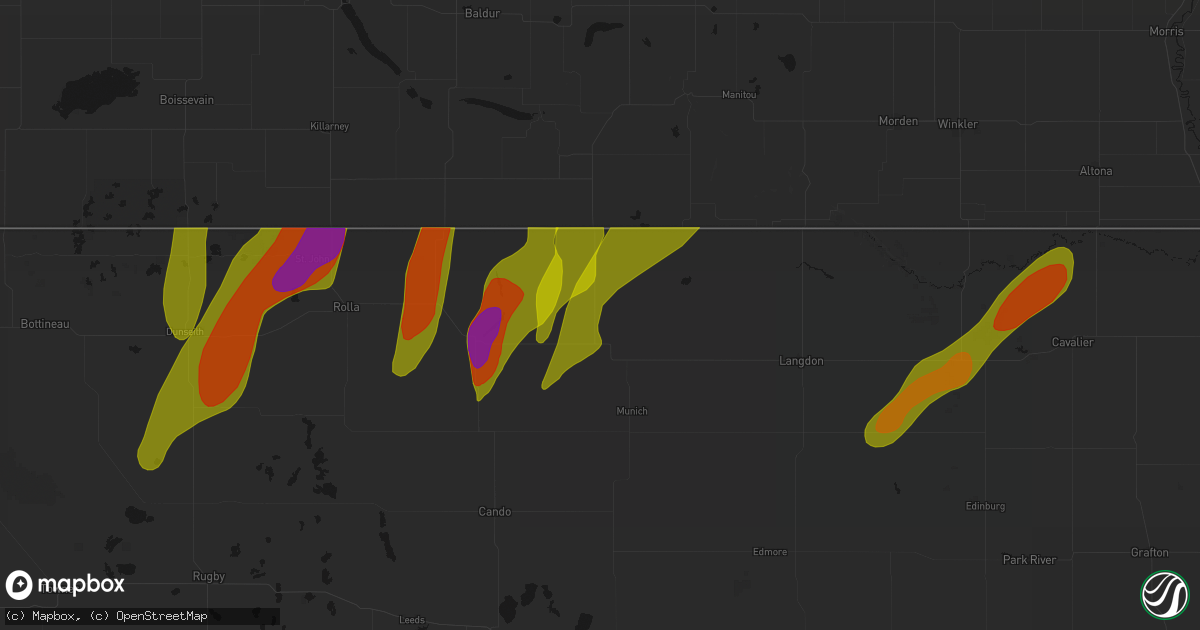 Hail map in Calvin, ND on June 2, 2026