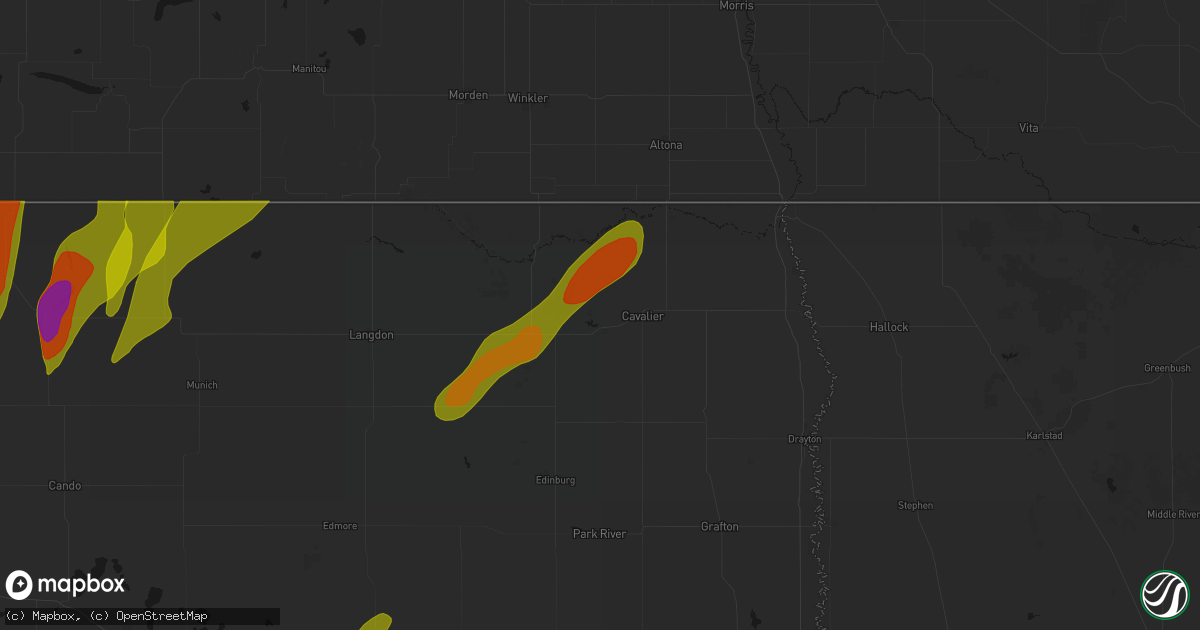 Hail map in Cavalier, ND on June 2, 2026