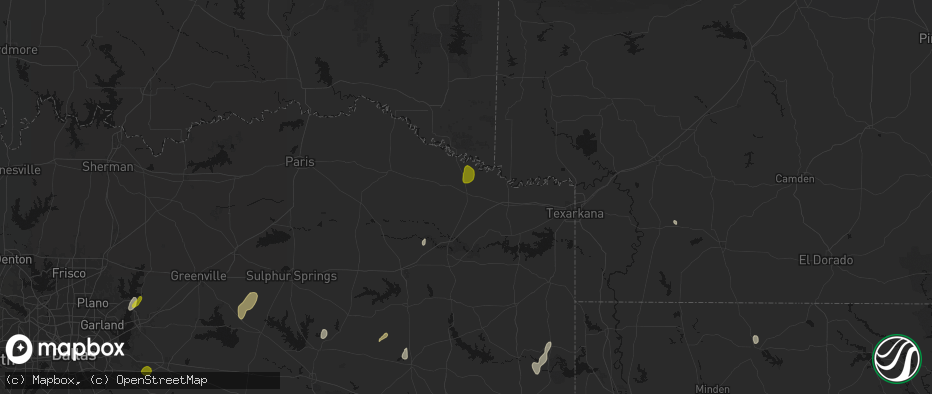 Hail map in De Kalb, TX on June 2, 2026