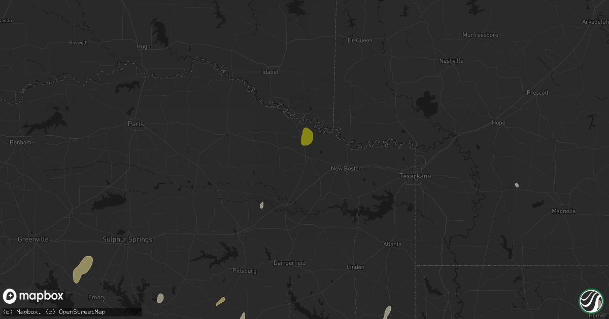 Hail map in De Kalb, TX on June 2, 2026