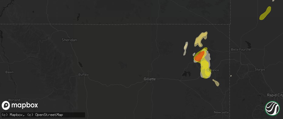 Hail map in Gillette, WY on June 2, 2026