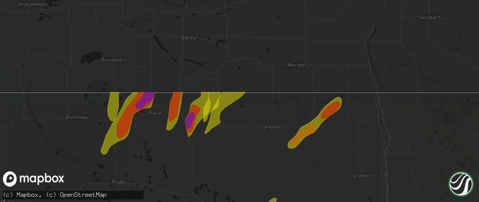 Hail map in Hannah, ND on June 2, 2026