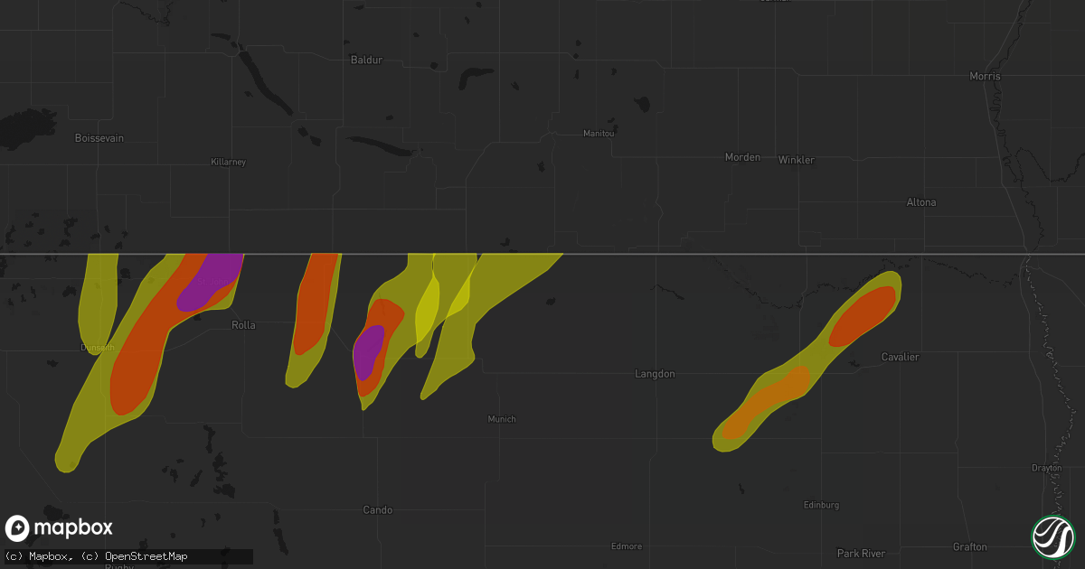 Hail map in Hannah, ND on June 2, 2026