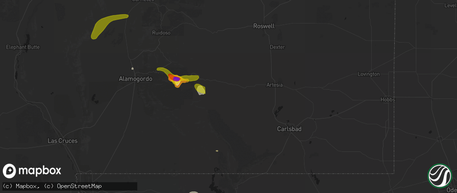 Hail map in Hope, NM on June 2, 2026