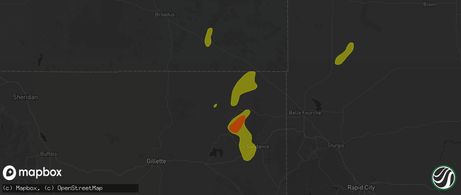 Hail map in Hulett, WY on June 2, 2026