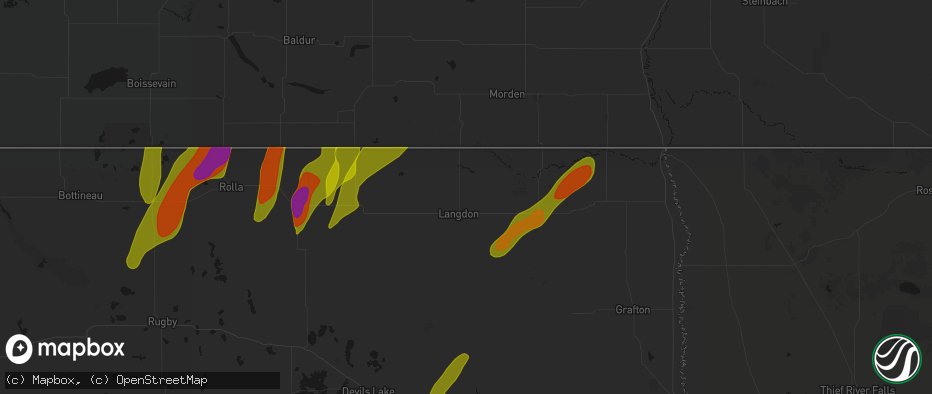 Hail map in Langdon, ND on June 2, 2026