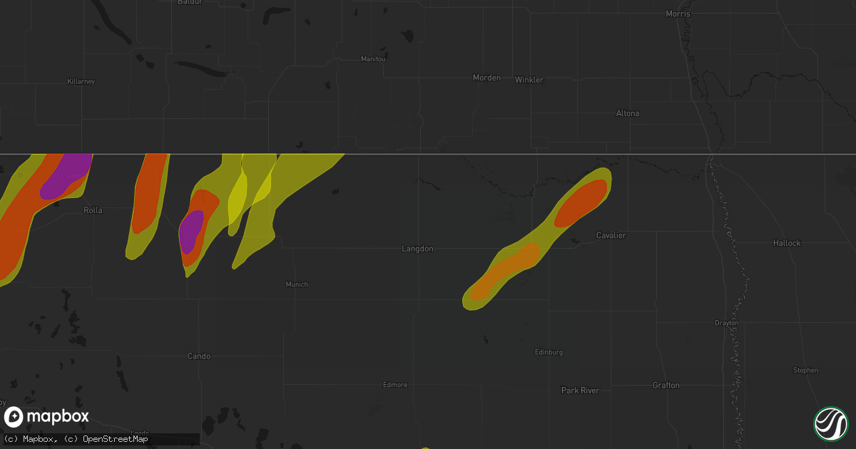 Hail map in Langdon, ND on June 2, 2026