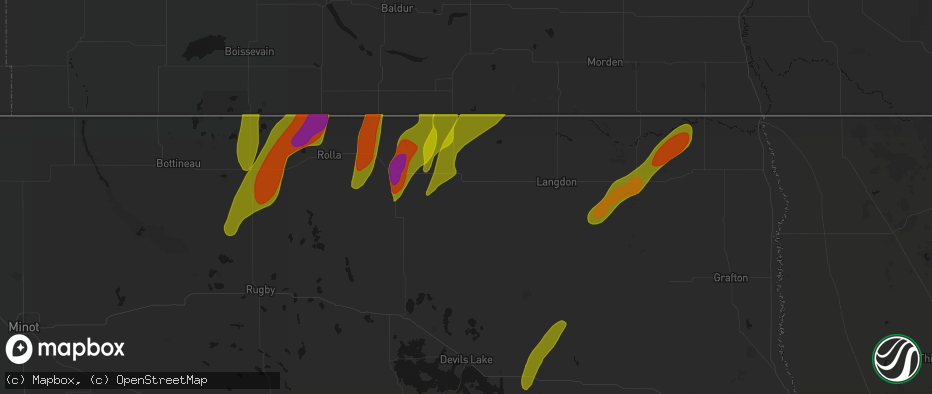 Hail map in Munich, ND on June 2, 2026