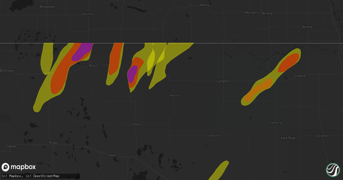 Hail map in Munich, ND on June 2, 2026
