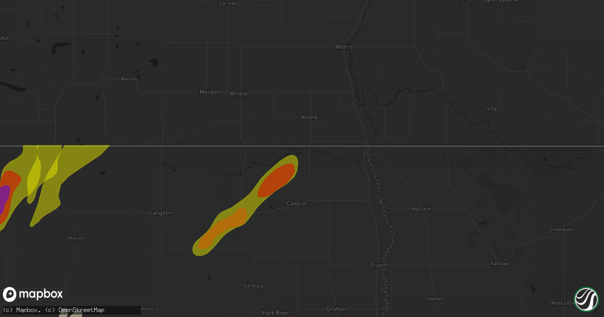 Hail map in Neche, ND on June 2, 2026