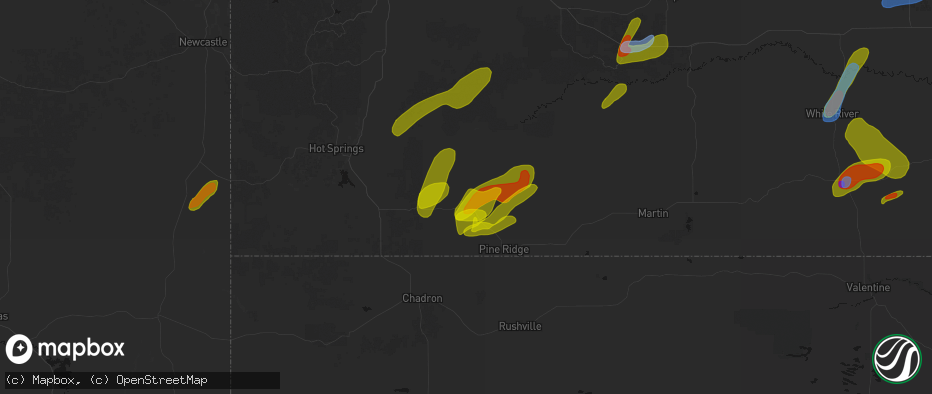 Hail map in Oglala, SD on June 2, 2026