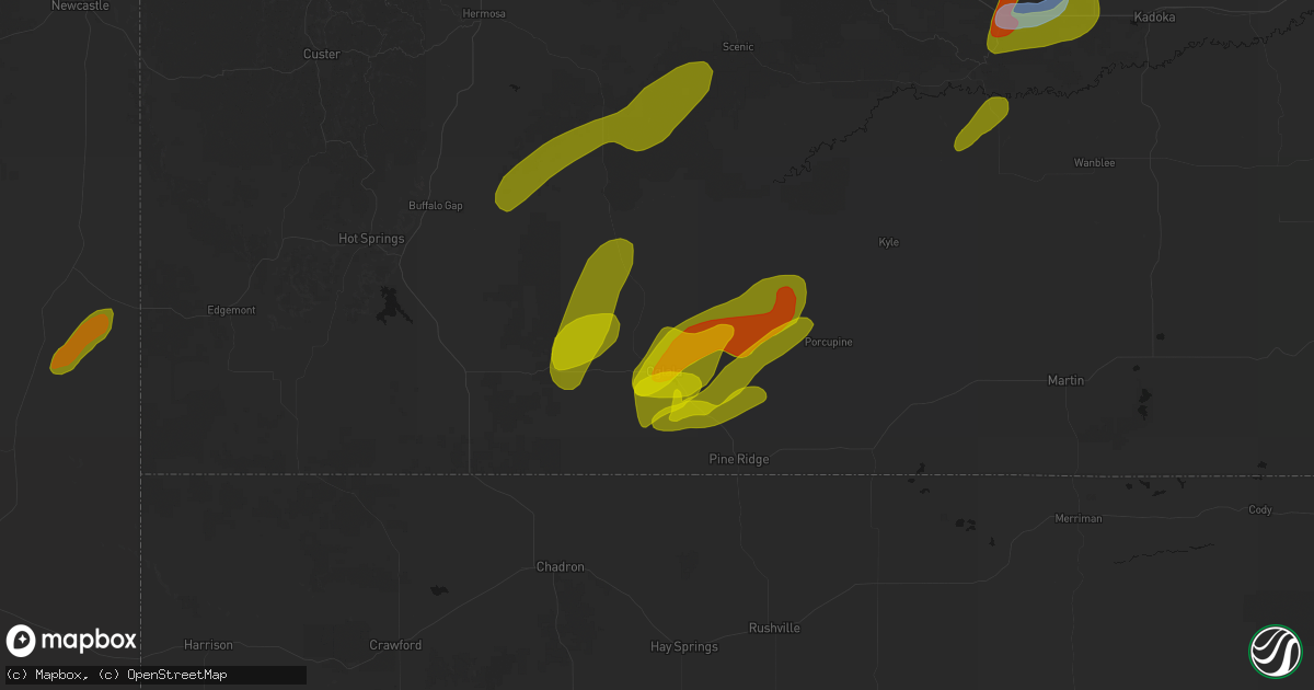 Hail map in Oglala, SD on June 2, 2026