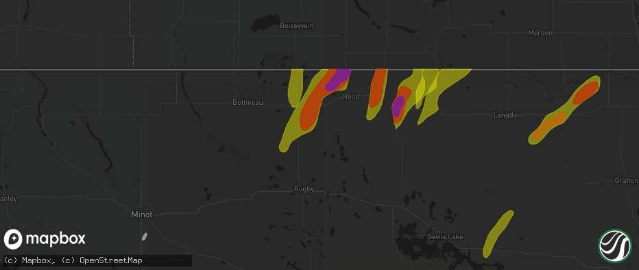 Hail map in Rolette, ND on June 2, 2026