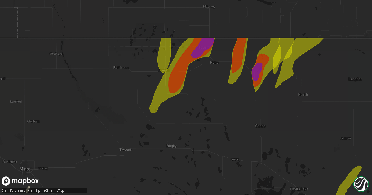 Hail map in Rolette, ND on June 2, 2026