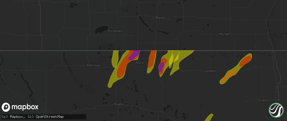 Hail map in Rolla, ND on June 2, 2026