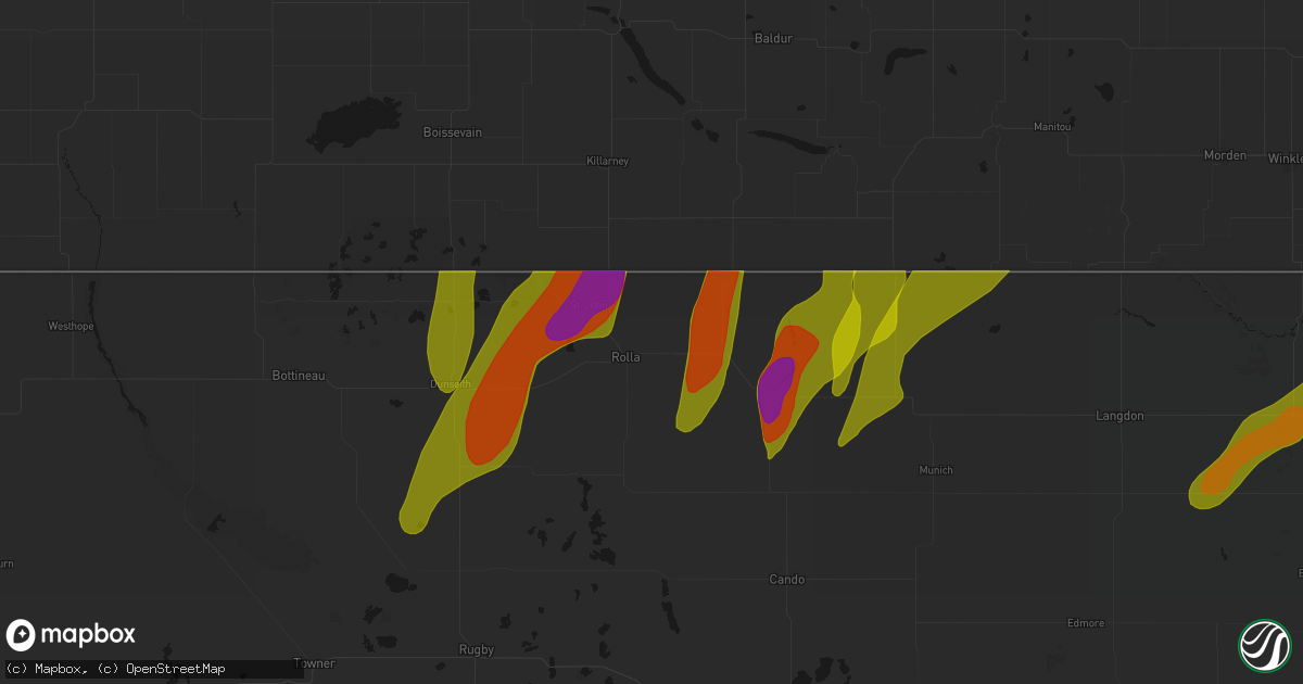 Hail map in Rolla, ND on June 2, 2026