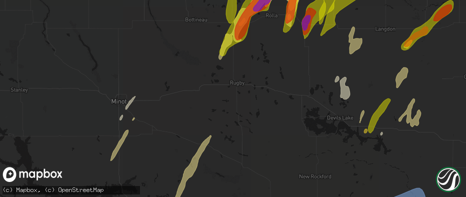 Hail map in Rugby, ND on June 2, 2026