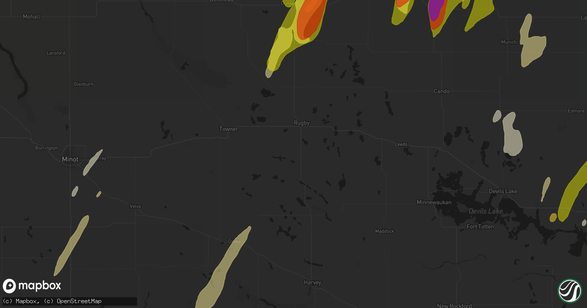 Hail map in Rugby, ND on June 2, 2026
