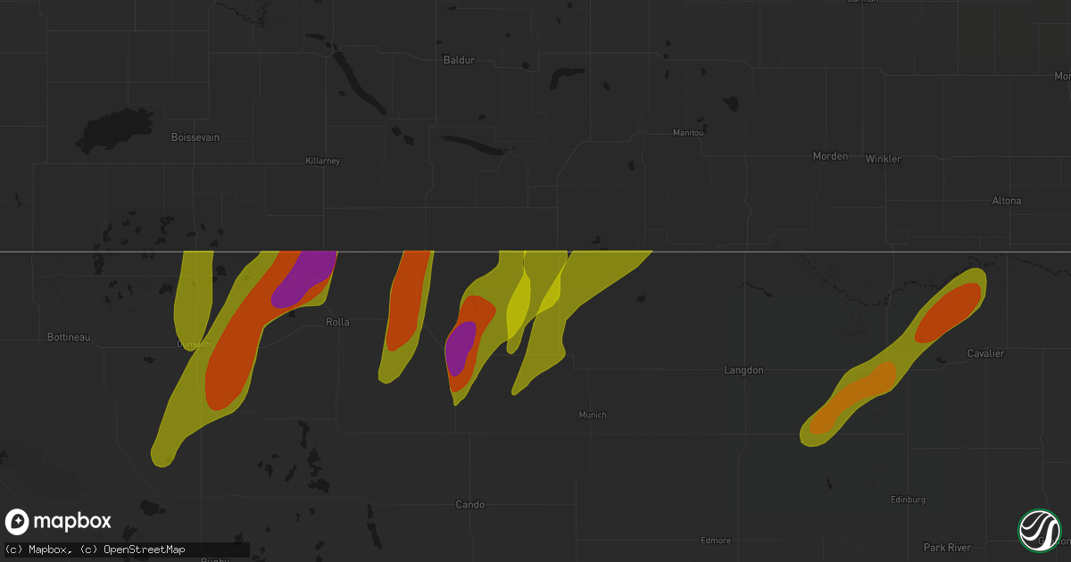 Hail map in Sarles, ND on June 2, 2026