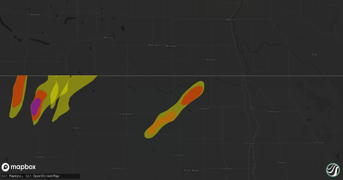 Hail map in Walhalla, ND on June 2, 2026