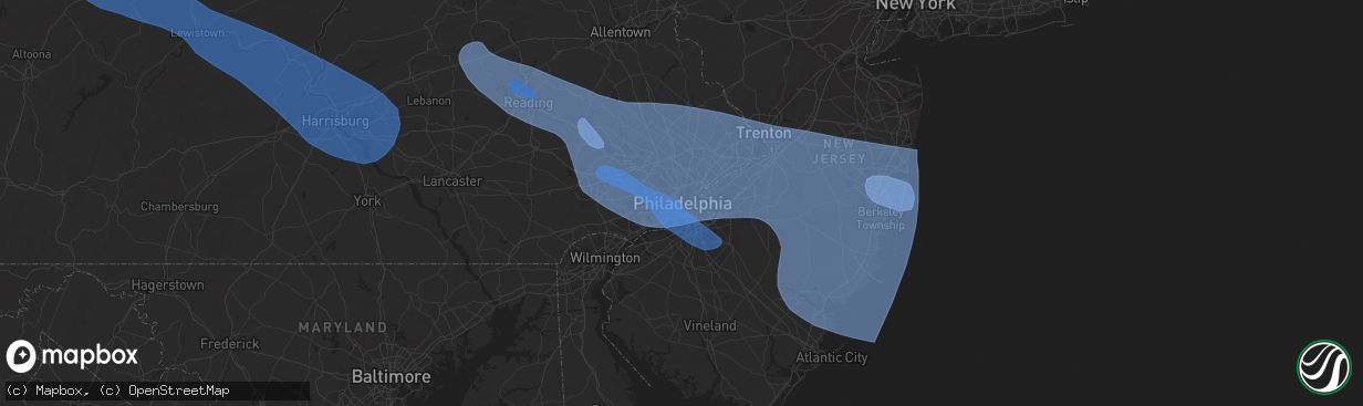 Hail map in Philadelphia, PA on June 3, 2020