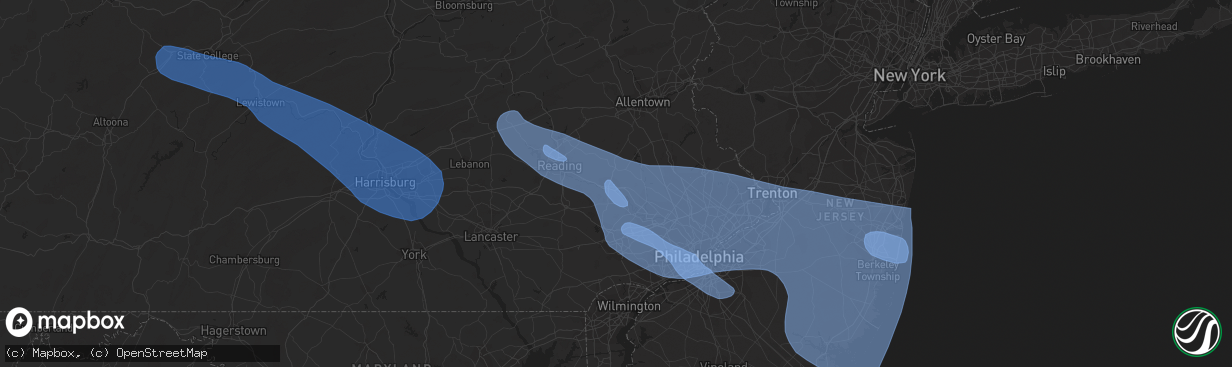 Hail map in Pottstown, PA on June 3, 2020