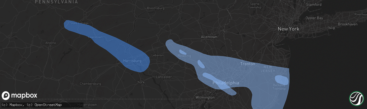 Hail map in Reading, PA on June 3, 2020