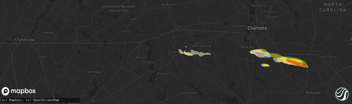 Hail map in Greenville, SC on June 3, 2022