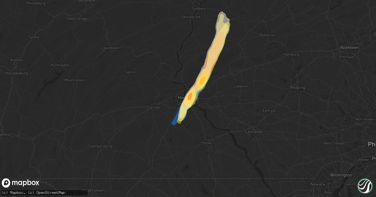 Hail map in Harrisburg, PA on June 3, 2023
