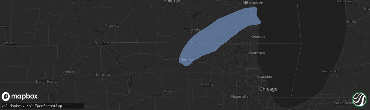 Hail map in Rockford, IL on June 3, 2025