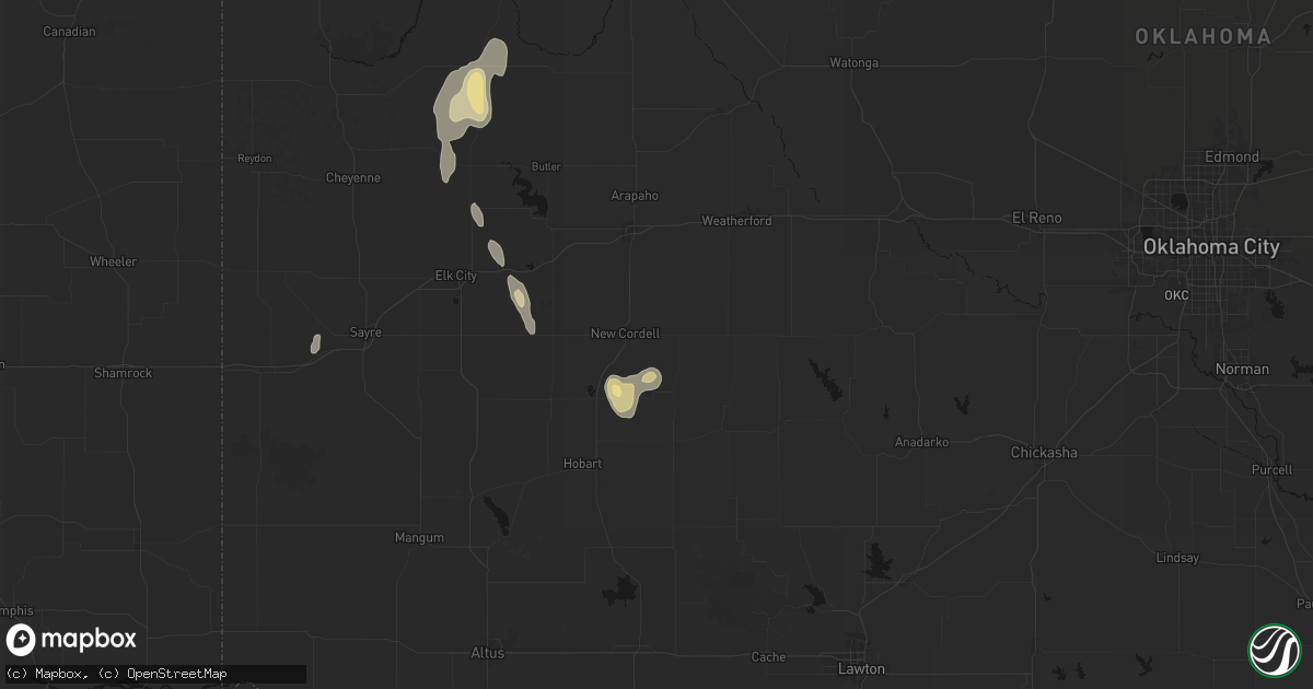 Hail map in Cordell, OK on June 3, 2026