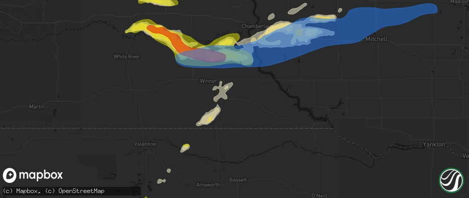 Hail map in Dallas, SD on June 3, 2026