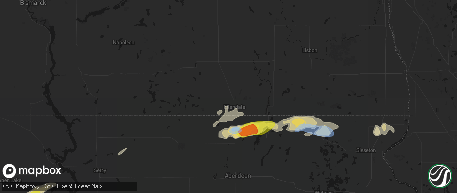 Hail map in Ellendale, ND on June 3, 2026