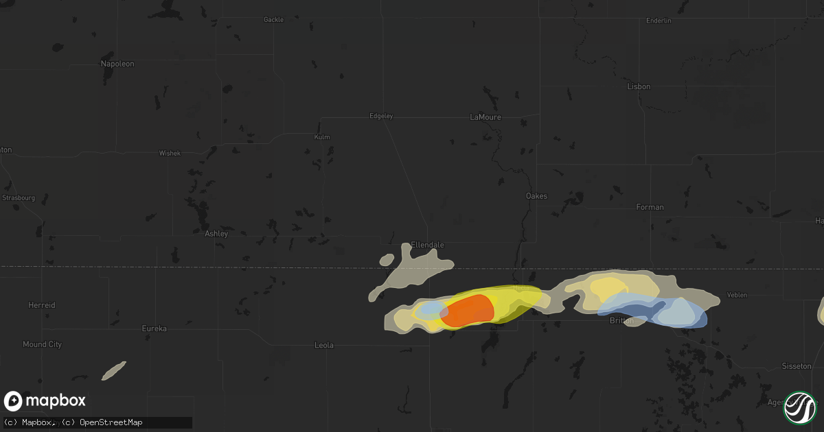 Hail map in Ellendale, ND on June 3, 2026