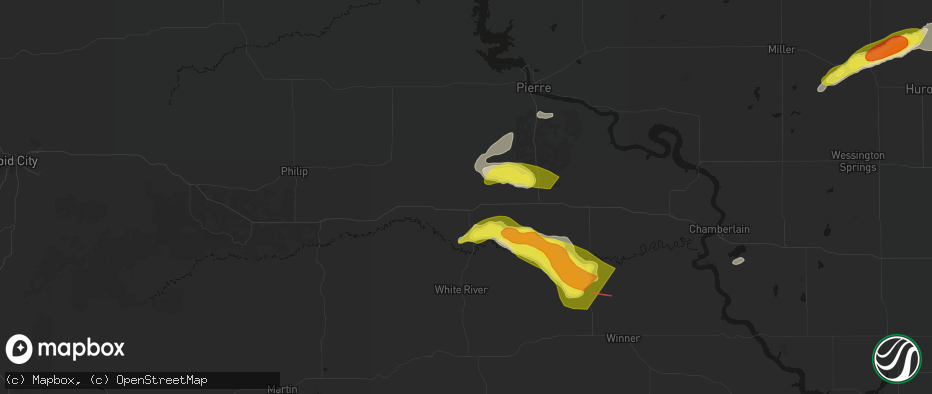 Hail map in Murdo, SD on June 3, 2026