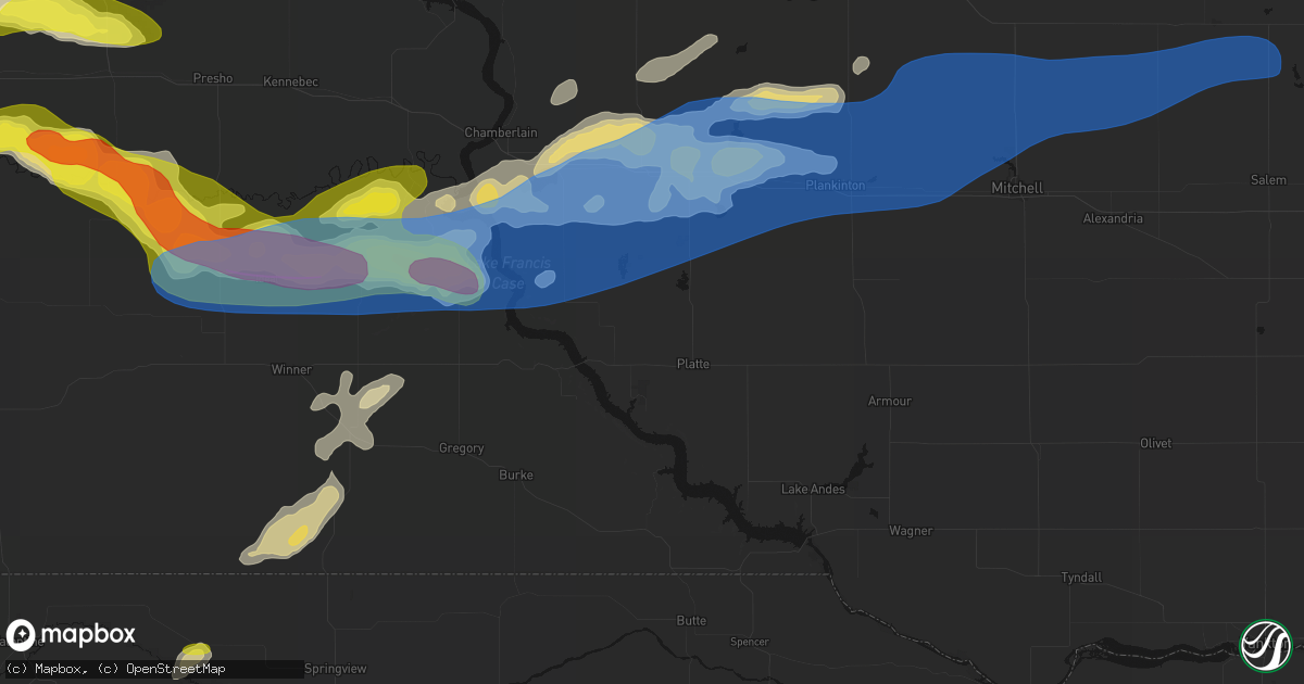 Hail map in Platte, SD on June 3, 2026