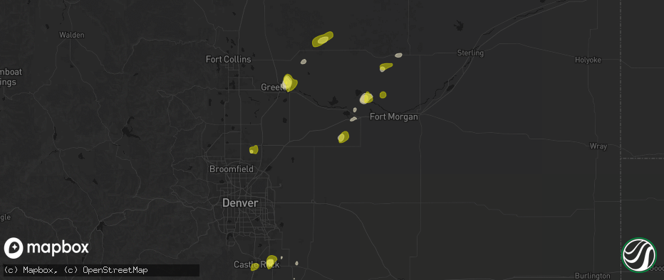 Hail map in Roggen, CO on June 3, 2026