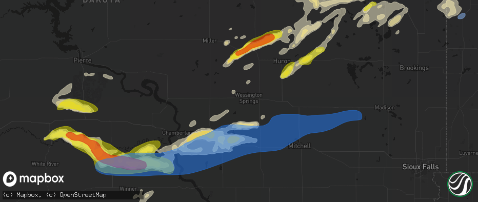 Hail map in Wessington Springs, SD on June 3, 2026