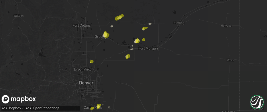 Hail map in Wiggins, CO on June 3, 2026