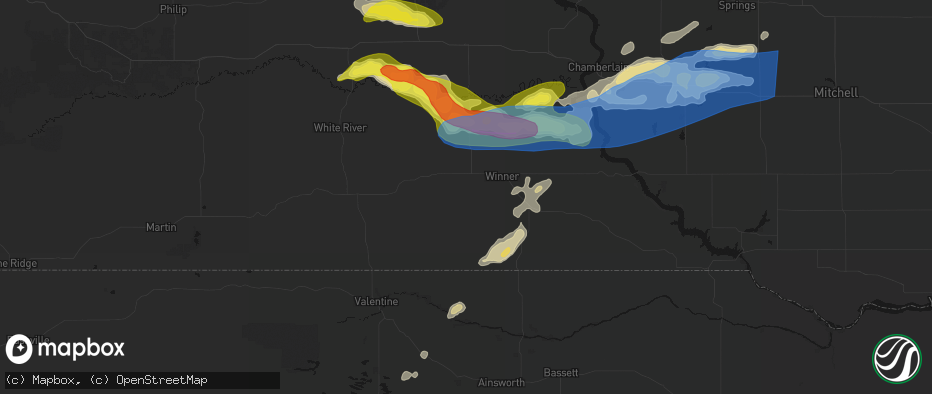 Hail map in Winner, SD on June 3, 2026