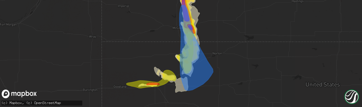 Hail map in Oberlin, KS on June 4, 2022