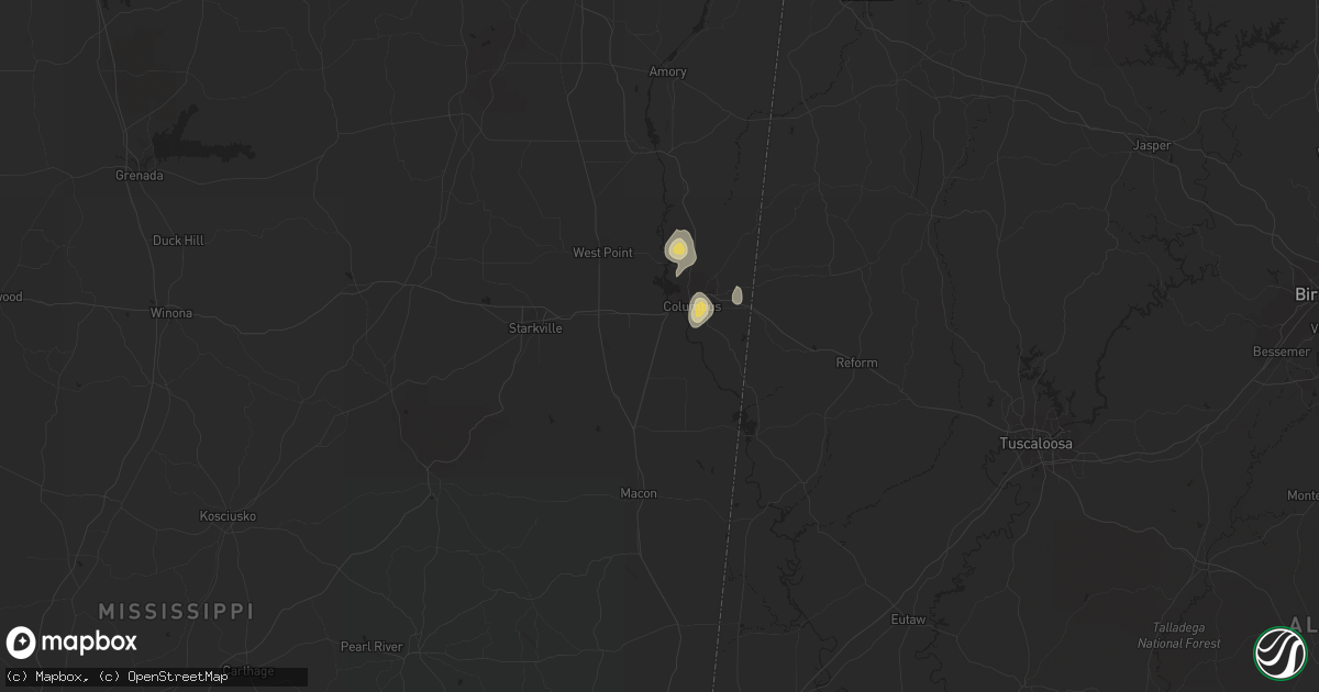 Hail map in Columbus, MS on June 5, 2020