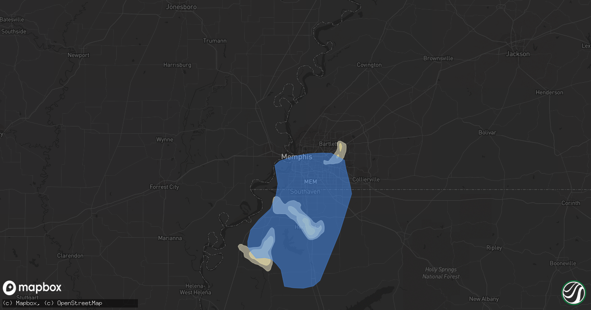 Hail map in Memphis, TN on June 5, 2020
